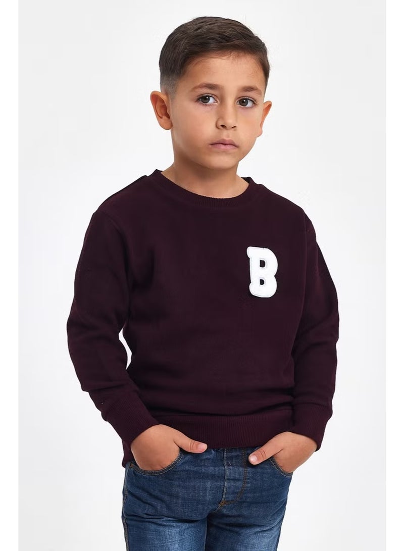 Mrs & Kids 3D Embroidered Plum Wool and Cotton Winter Crew Neck Children's Men's Sweatshirt - Image 1